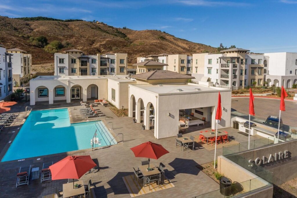 Top side view of the pool and clubhouse at Solaire luxury apartments in Temecula