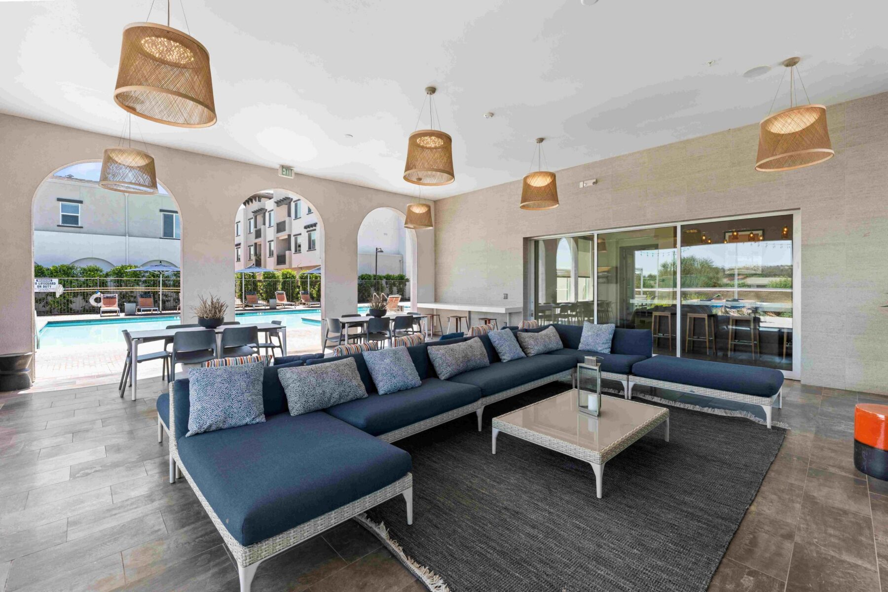 Resident clubhouse next to the pool at Solaire apartments in Temecula, CA.