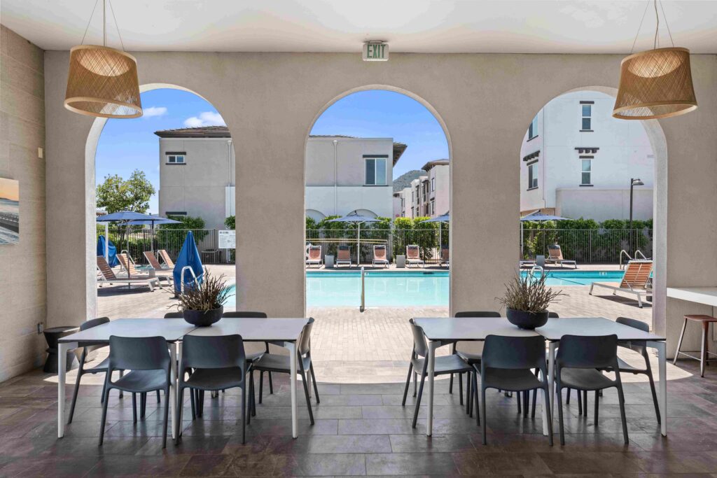 Resident clubhouse next to the pool at Solaire apartments in Temecula, CA.