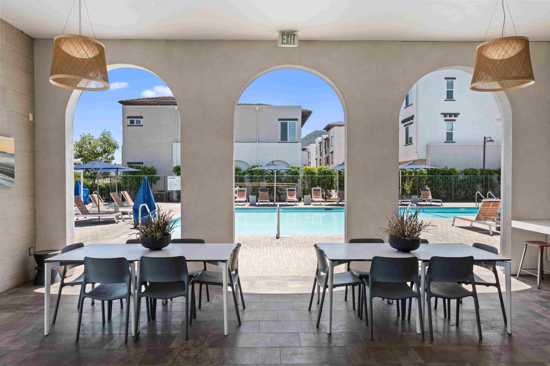 Resident clubhouse next to the pool at Solaire apartments in Temecula, CA.