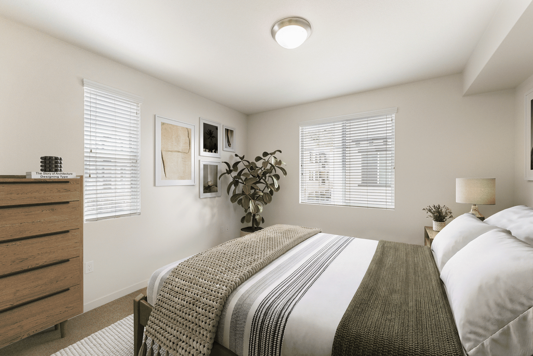 A modern bedroom featuring a bed with a textured knit throw, a wooden dresser, a potted plant, and framed wall art.