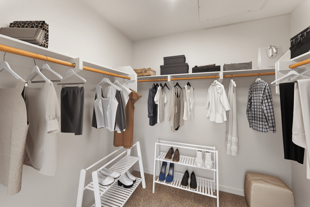 A walk-in closet with clothes hanging on racks, boxes on shelves, and two white shoe racks on the floor.